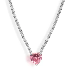 “Duchess” pink heart sterling silver pave chain necklace