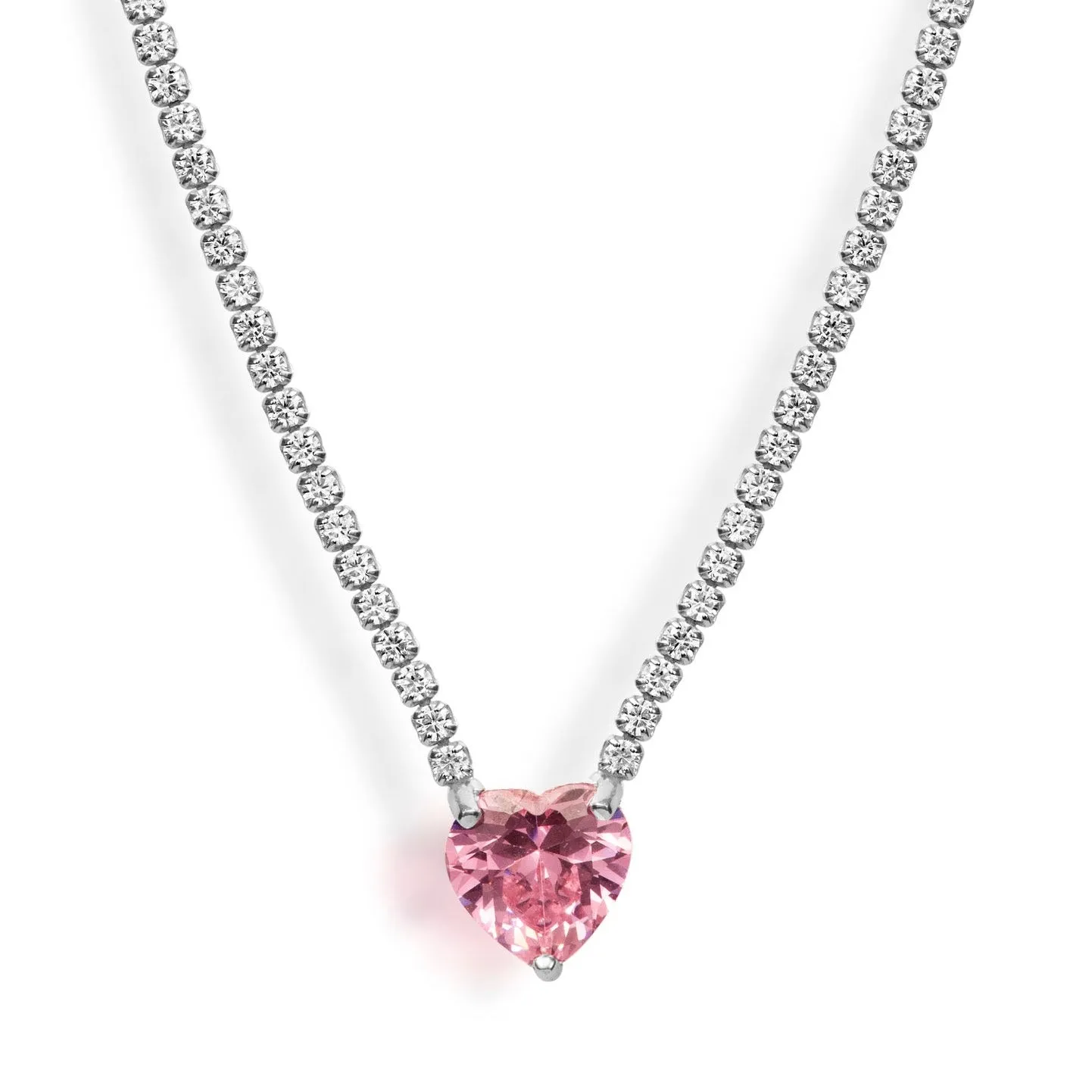 “Duchess” pink heart sterling silver pave chain necklace