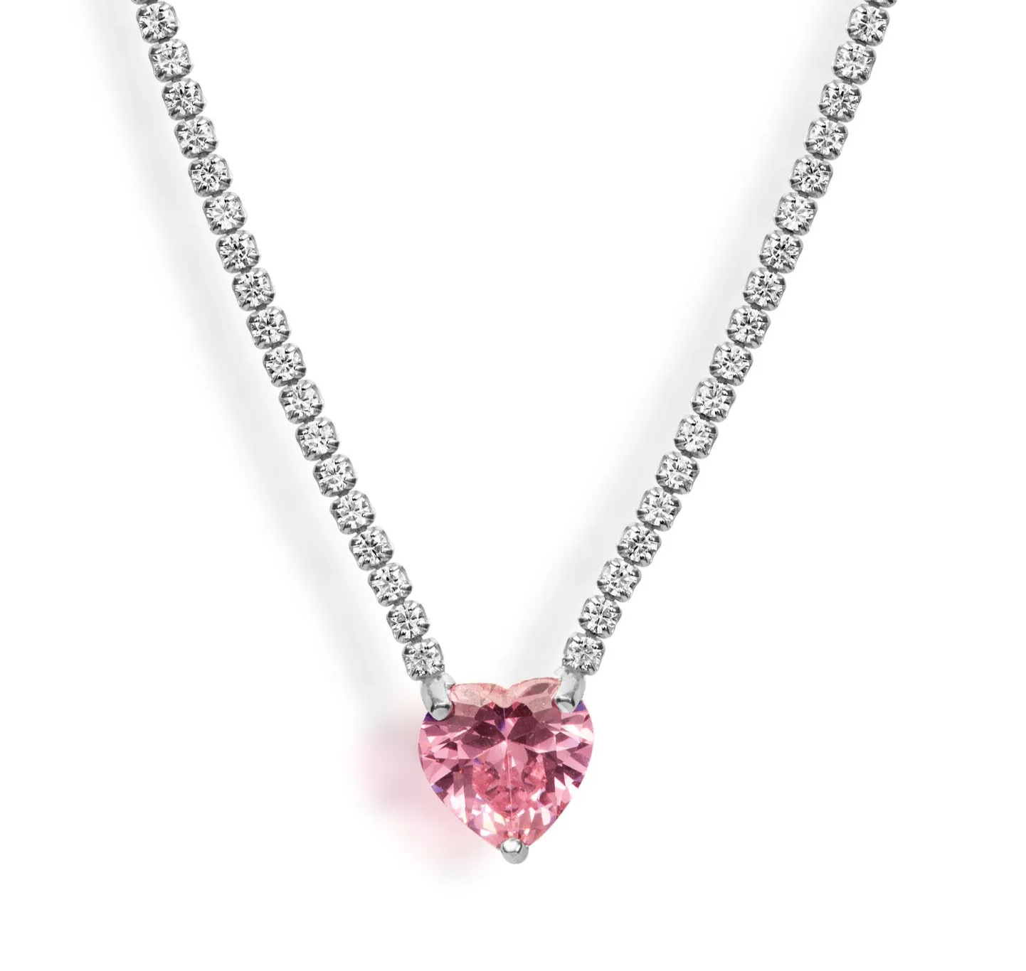 “Duchess” pink heart sterling silver pave chain necklace