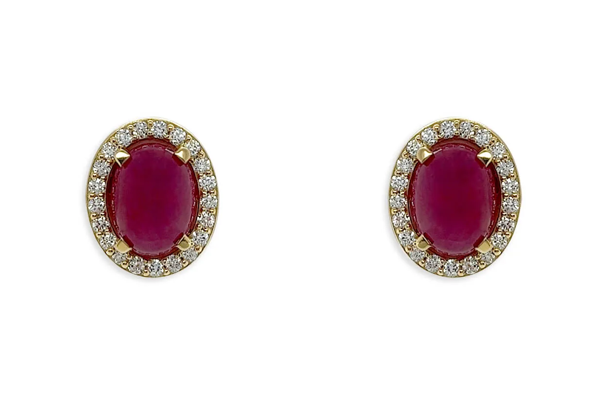 Earrings 18kt Gold Oval Ruby Cabochons & Diamonds Studs