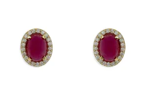 Earrings 18kt Gold Oval Ruby Cabochons & Diamonds Studs