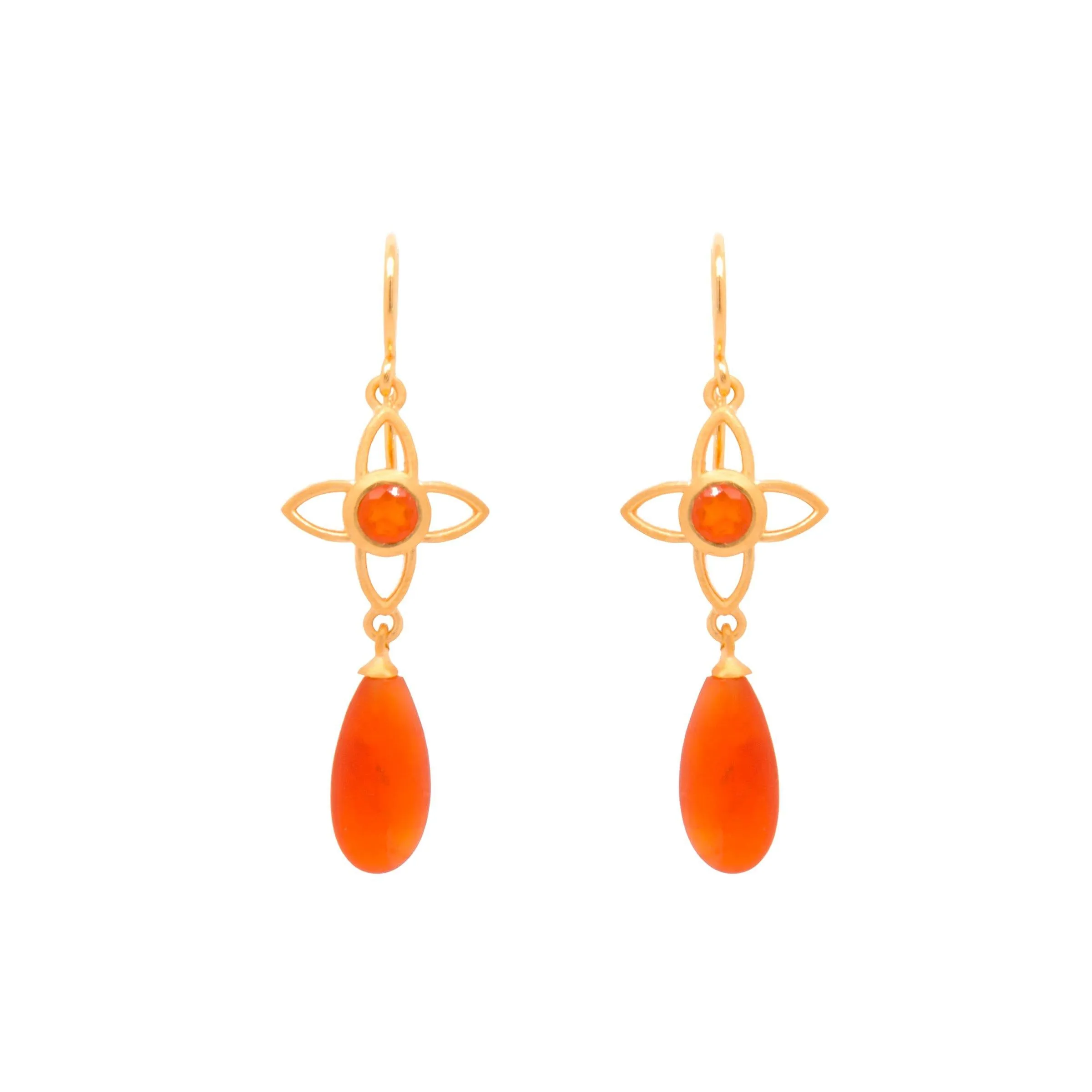 Earrings  - Carnelian Matte Joy Flower Earrings 15MM Drop 24K Gold Vermeil