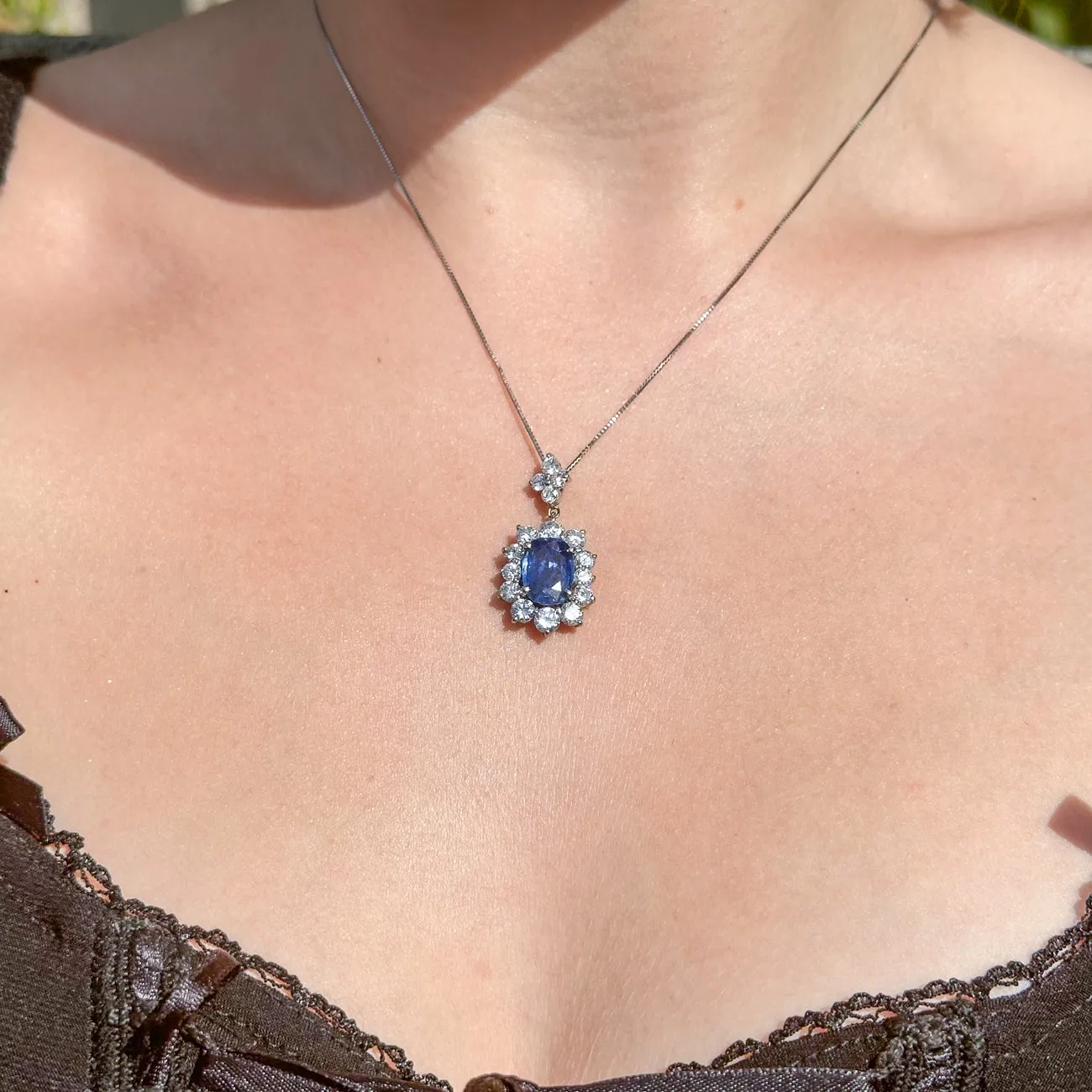 Edwardian Style Sapphire Diamond Pendant Necklace 2.91ct Sapphire