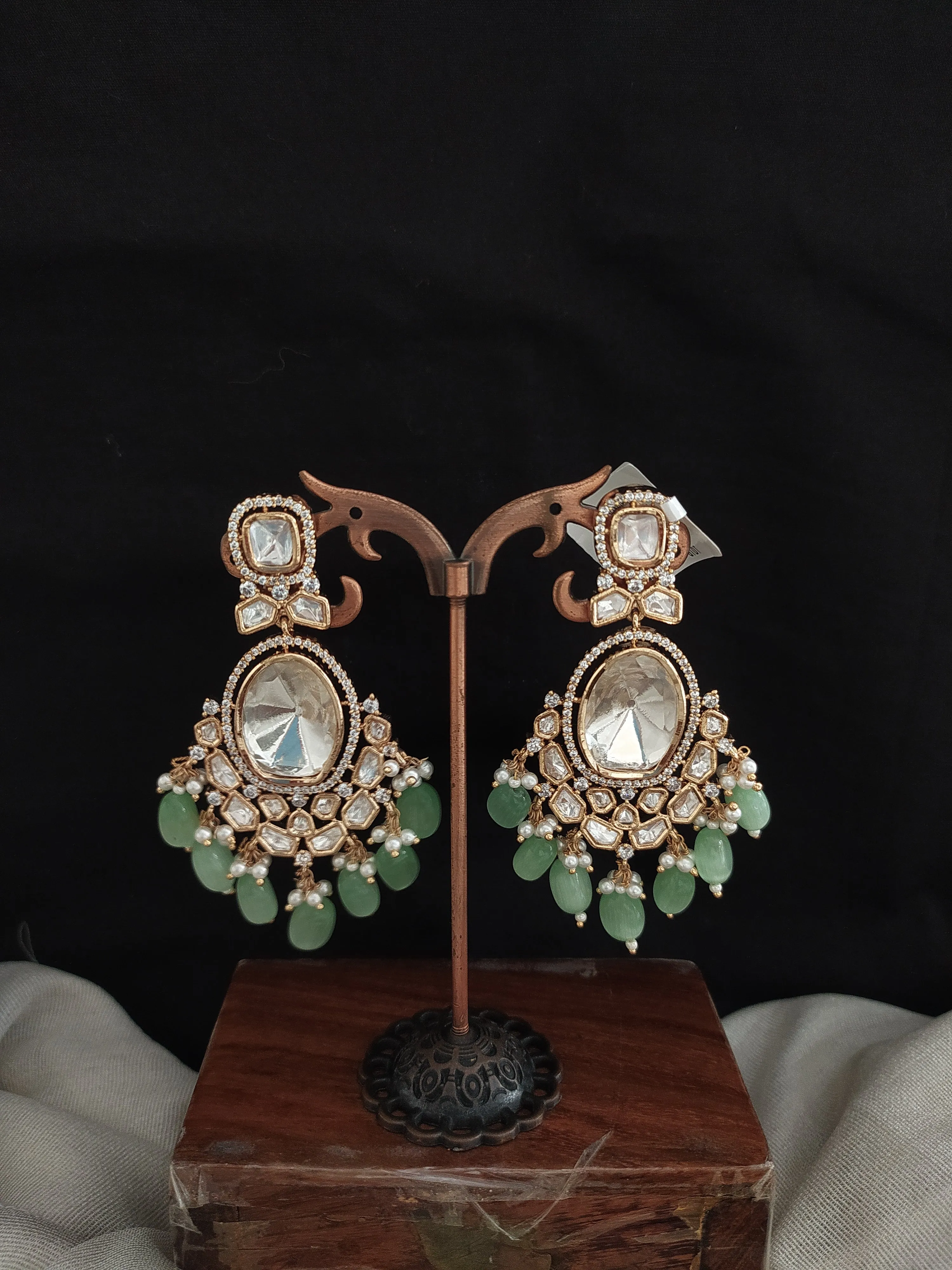 Elegant Big Stones Kundan Earrings with Bead Drops