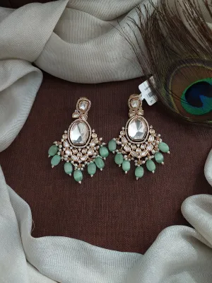 Elegant Big Stones Kundan Earrings with Bead Drops