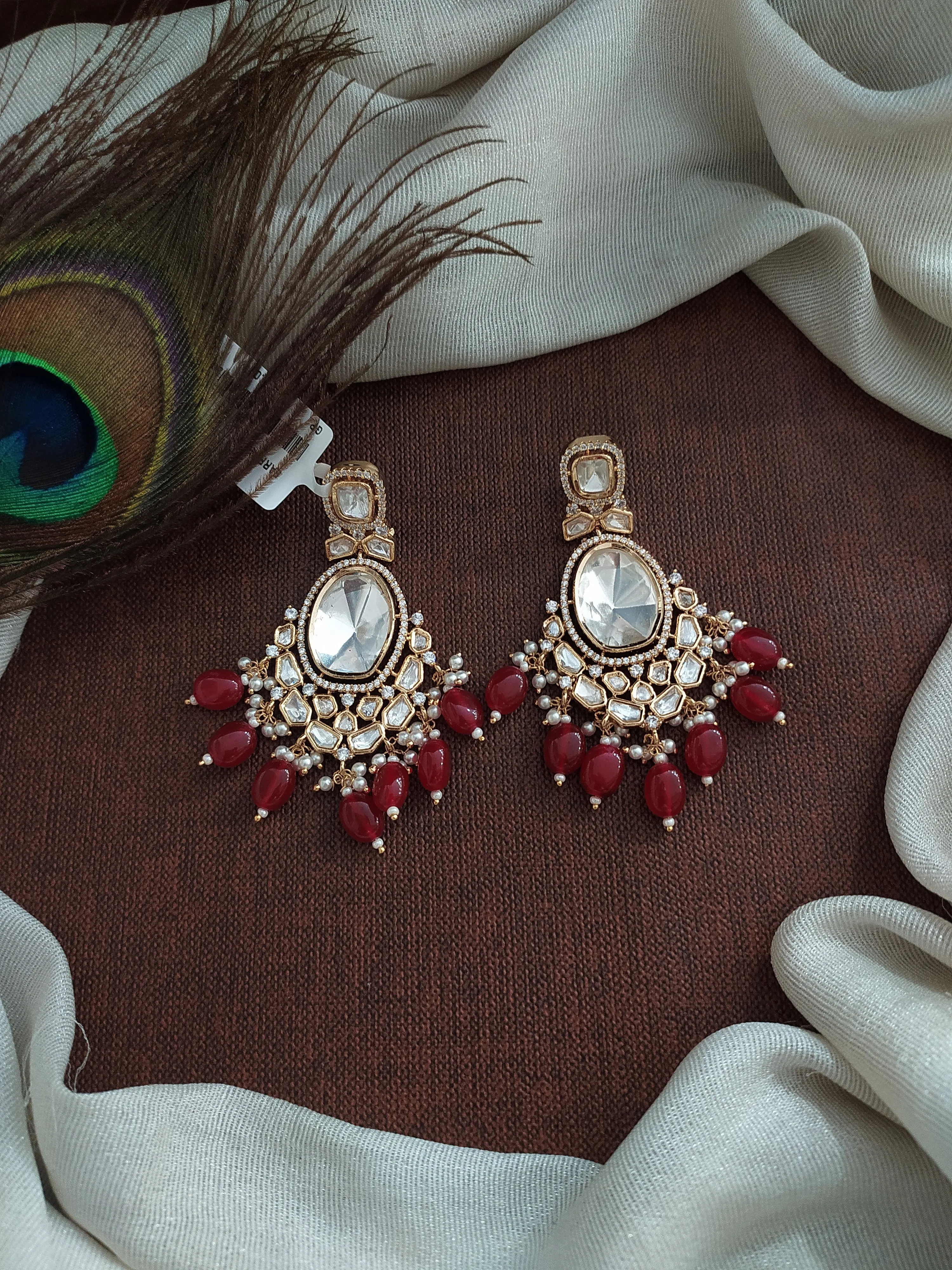 Elegant Big Stones Kundan Earrings with Bead Drops