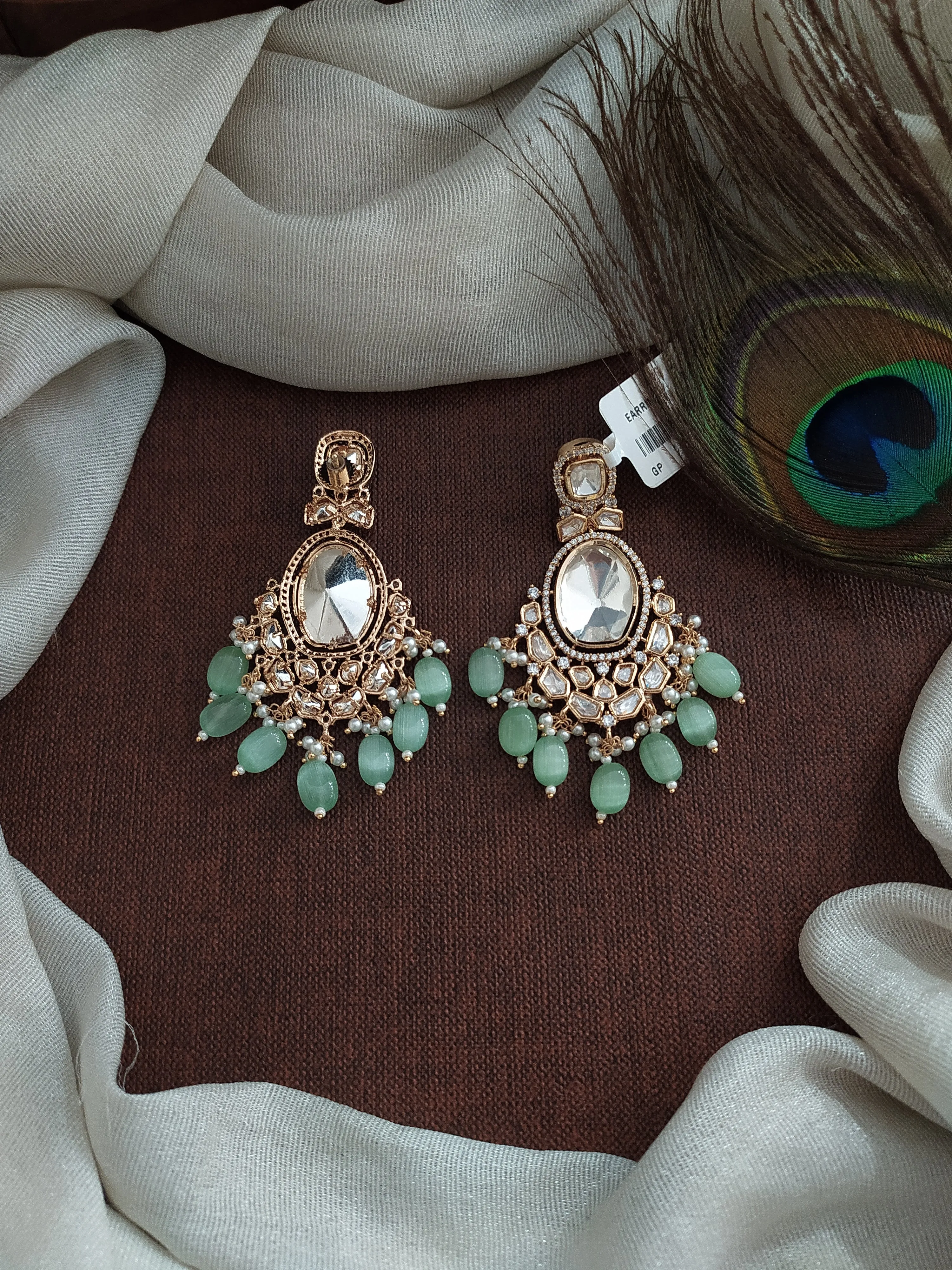 Elegant Big Stones Kundan Earrings with Bead Drops