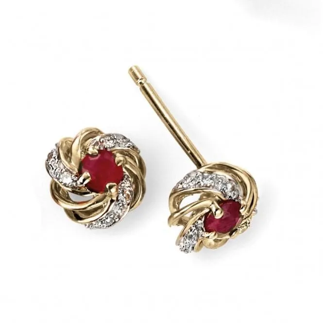 Elements 9ct Yellow Gold Ruby And Diamond Cluster Earrings GE2002R