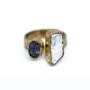 Embrace Divine Grace & Creativity: CHANDI Ring (Mystic Topaz & Biwa Pearl) - Ethical, Handmade