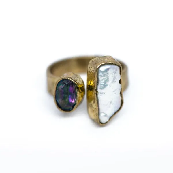 Embrace Divine Grace & Creativity: CHANDI Ring (Mystic Topaz & Biwa Pearl) - Ethical, Handmade