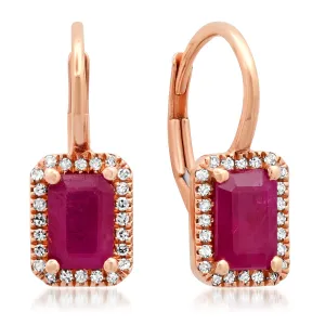 Emerald Cut Ruby with Diamond Halo Hinge Back Earrings