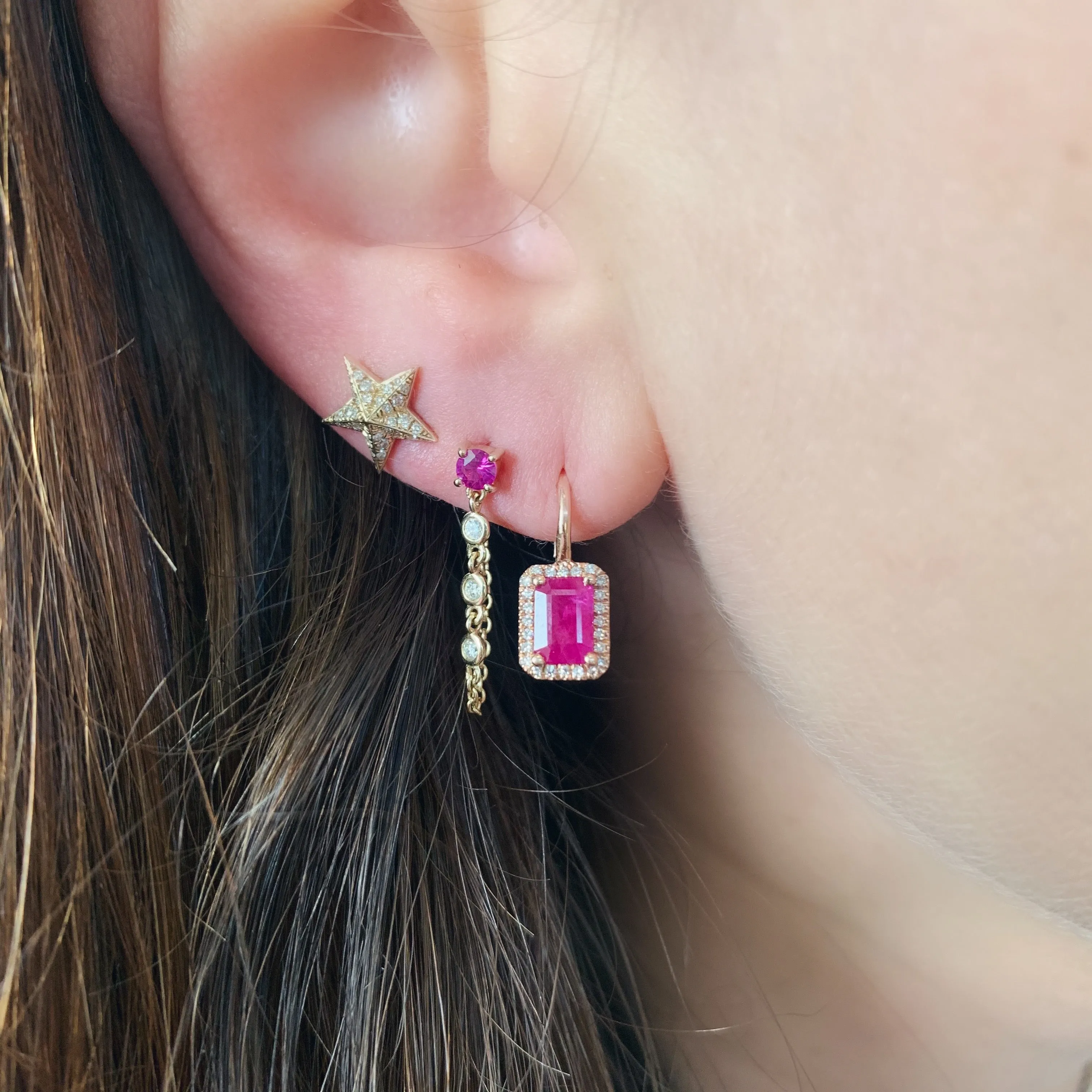 Emerald Cut Ruby with Diamond Halo Hinge Back Earrings