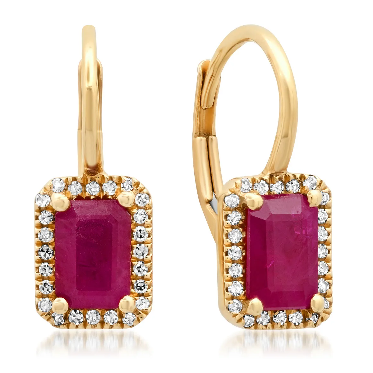 Emerald Cut Ruby with Diamond Halo Hinge Back Earrings