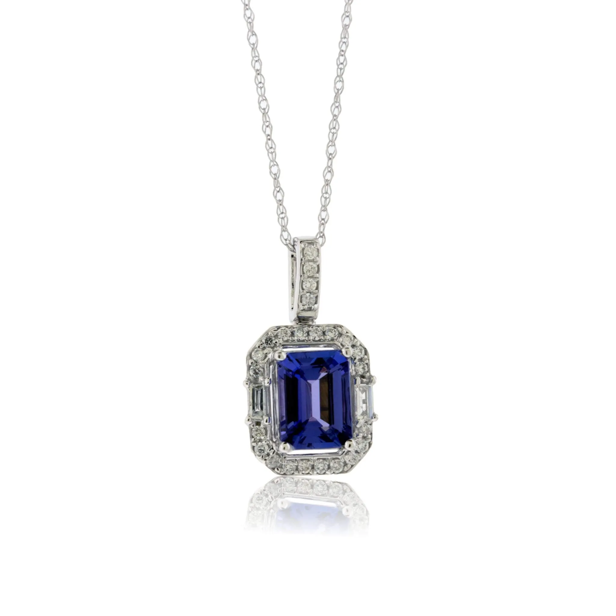 Emerald Cut Tanzanite & Diamond Halo Pendant