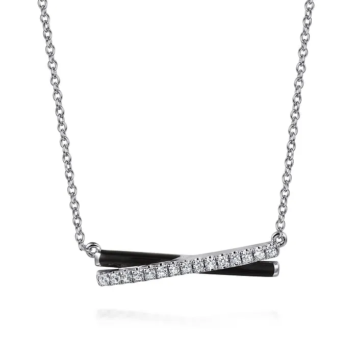 Enamel - 925 Sterling Silver White Sapphire and Black Enamel Criss Cross Bar Necklace