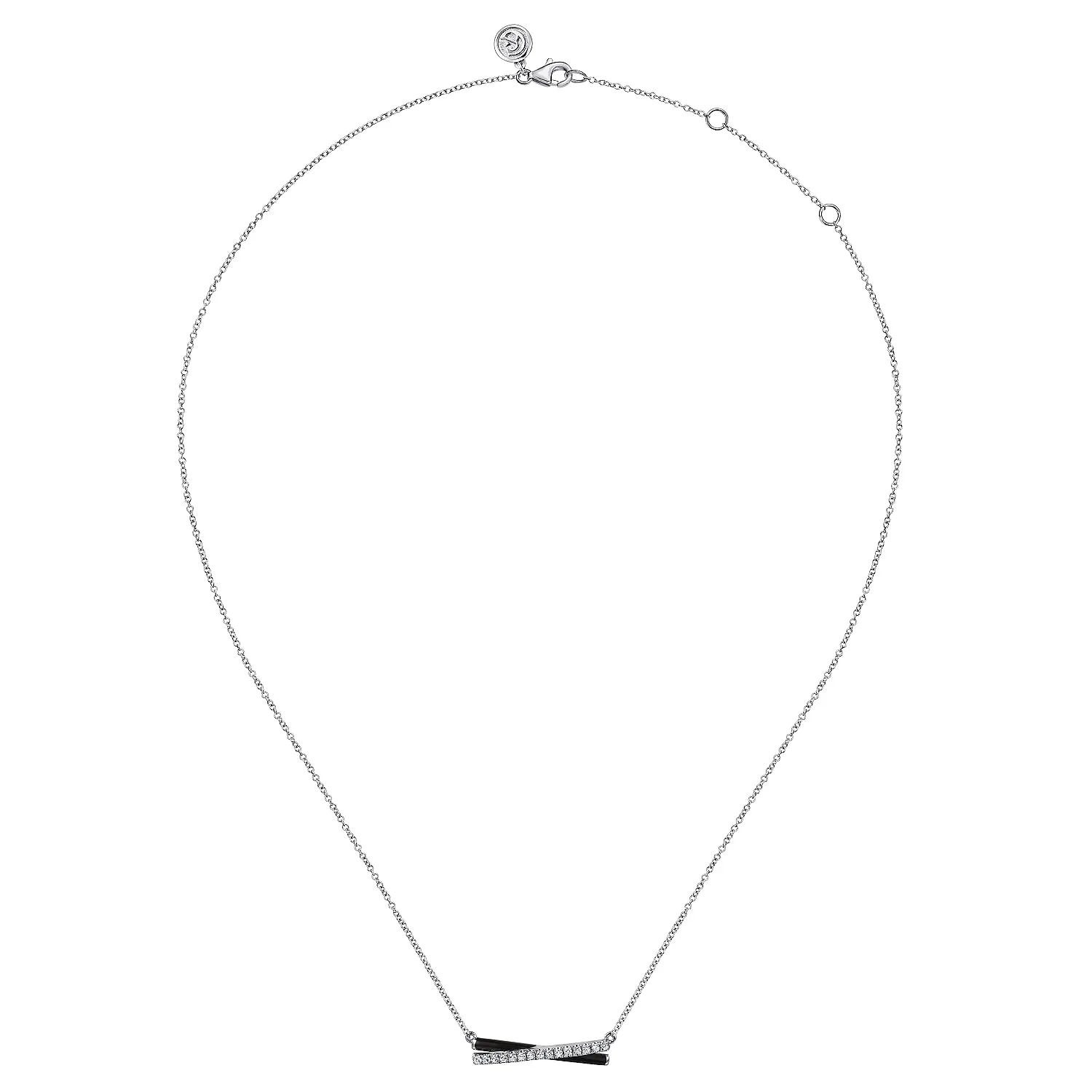 Enamel - 925 Sterling Silver White Sapphire and Black Enamel Criss Cross Bar Necklace