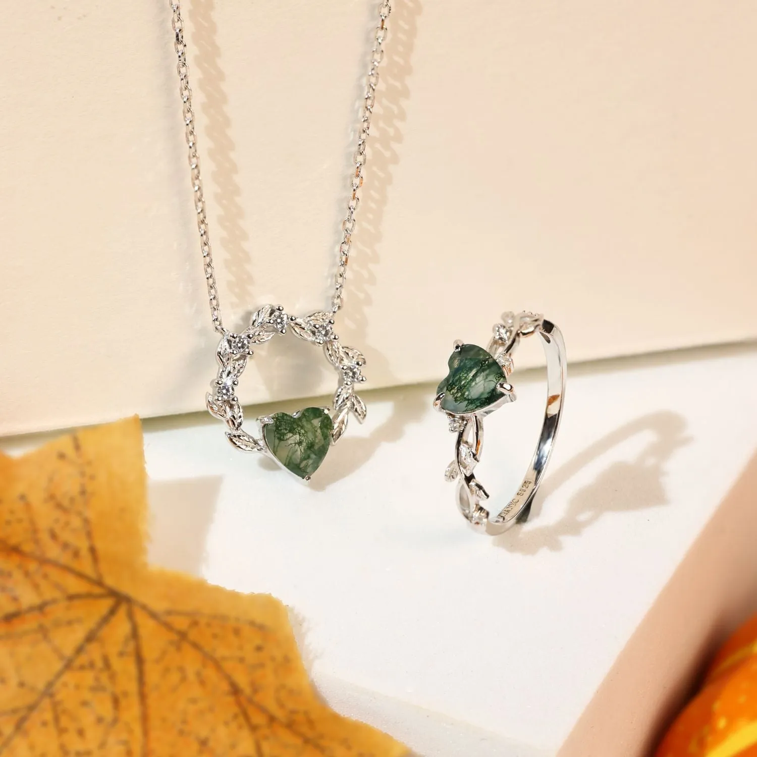 Everlasting Heart© and Heart’s Desire Moss Agate© Ring and Necklace Set