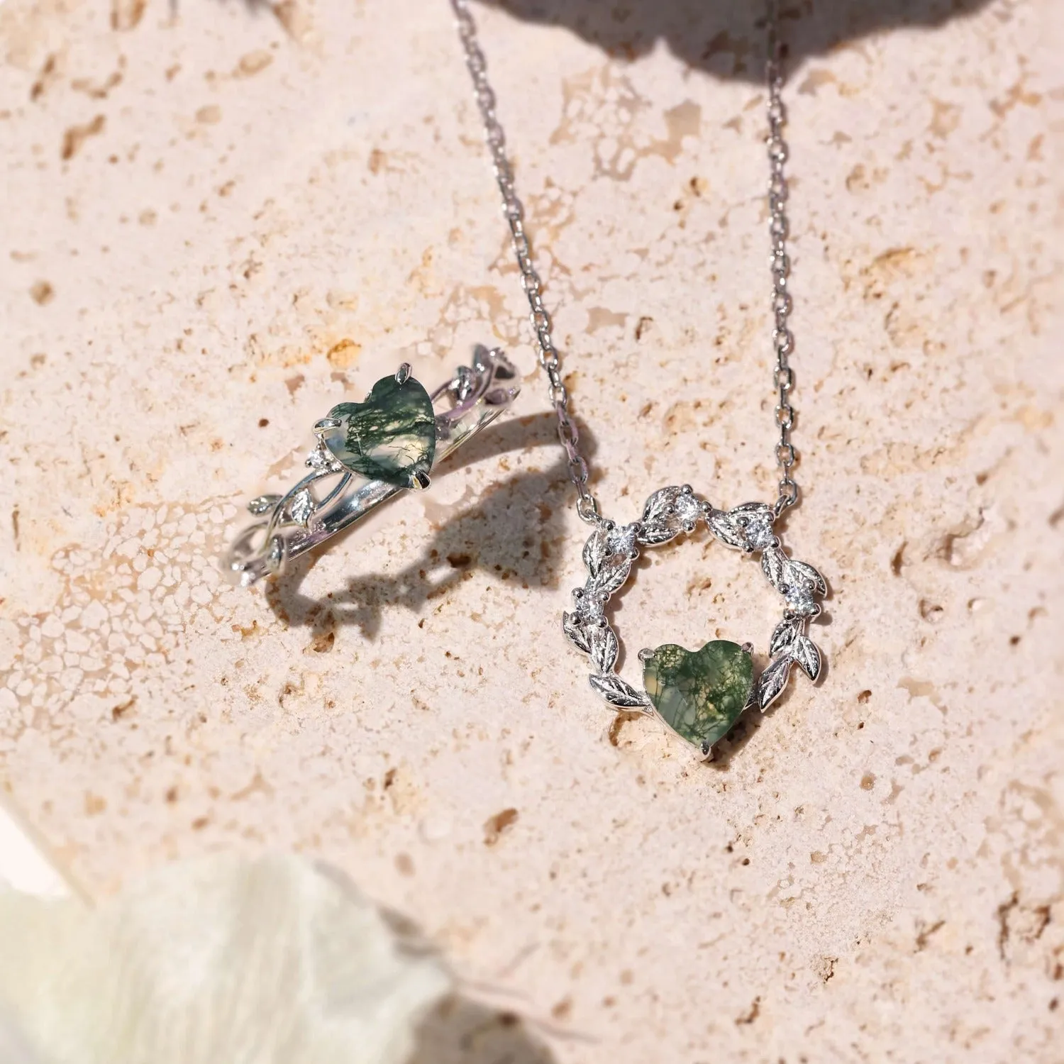 Everlasting Heart© and Heart’s Desire Moss Agate© Ring and Necklace Set