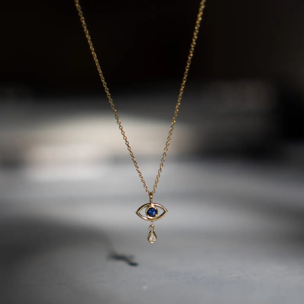 Evil Eye Teardrop Necklace with Sapphire and Diamond