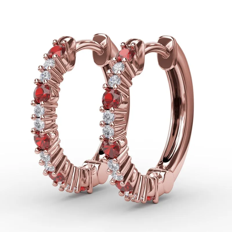 Fana Shared Prong Ruby and Diamond Hoops