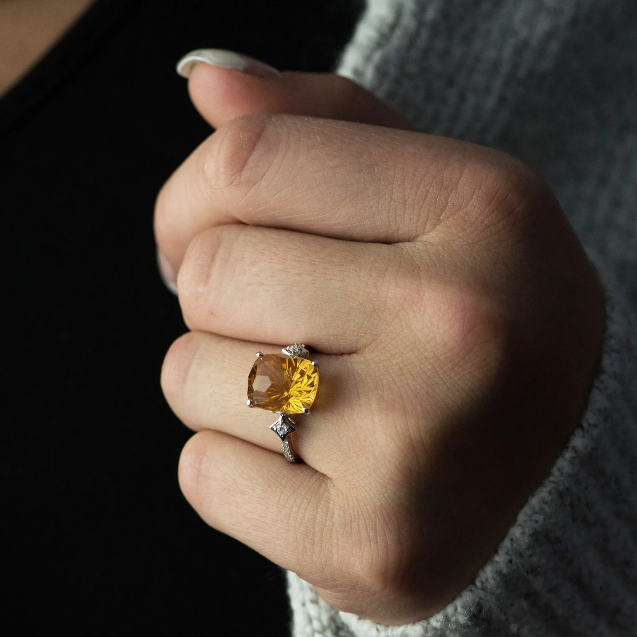 Fancy Cut Citrine and Diamond Ring