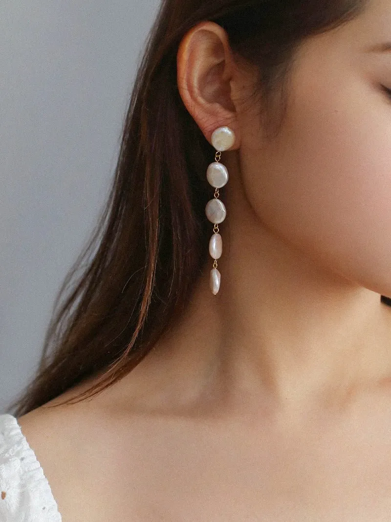 Flat Round Freshwater Baroque Long Drop Earrings-Small