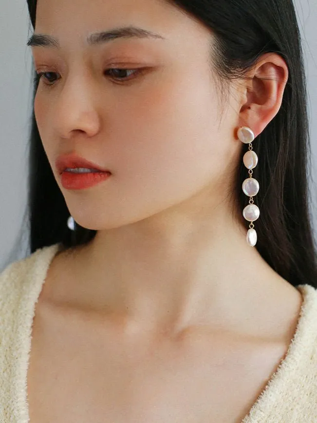 Flat Round Freshwater Baroque Long Drop Earrings-Small