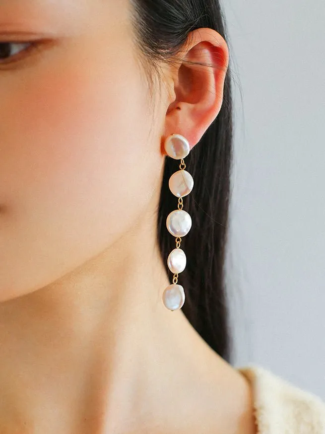 Flat Round Freshwater Baroque Long Drop Earrings-Small