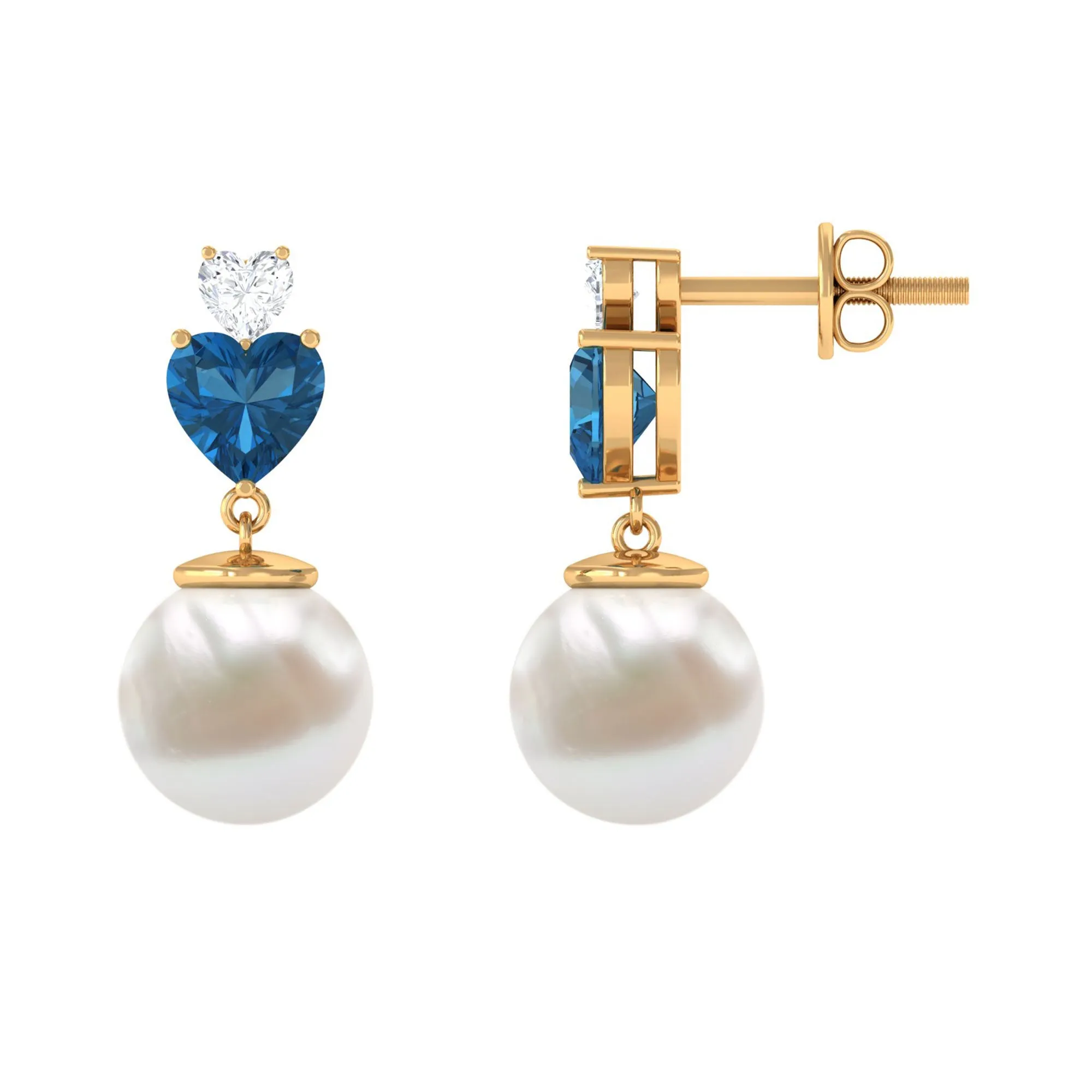 Freshwater Pearl Heart Stud Drop Earrings with London Blue Topaz and Moissanite