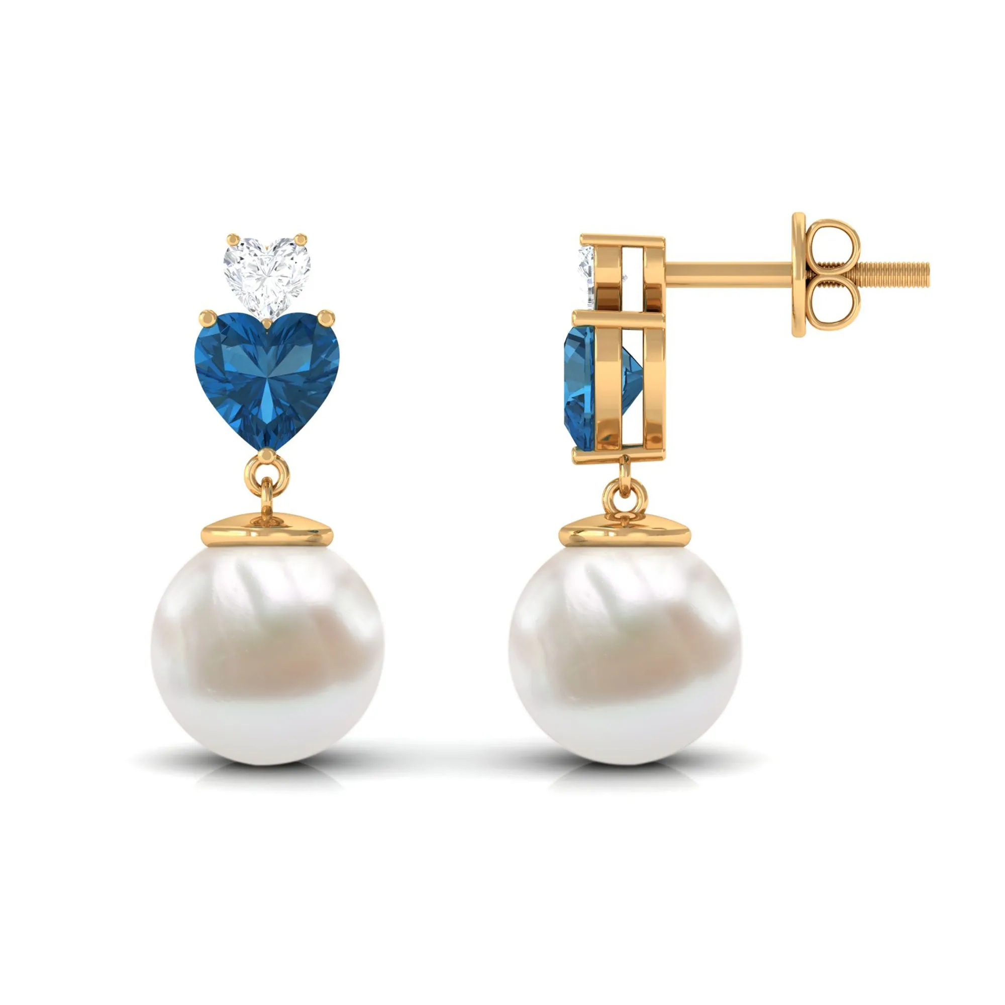 Freshwater Pearl Heart Stud Drop Earrings with London Blue Topaz and Moissanite