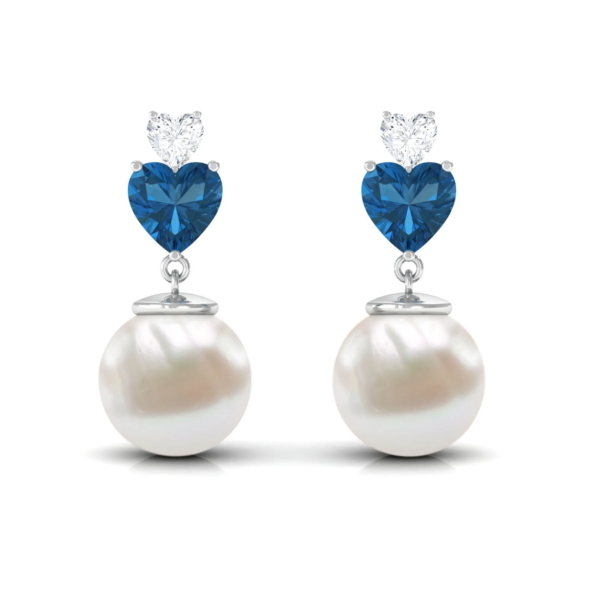 Freshwater Pearl Heart Stud Drop Earrings with London Blue Topaz and Moissanite