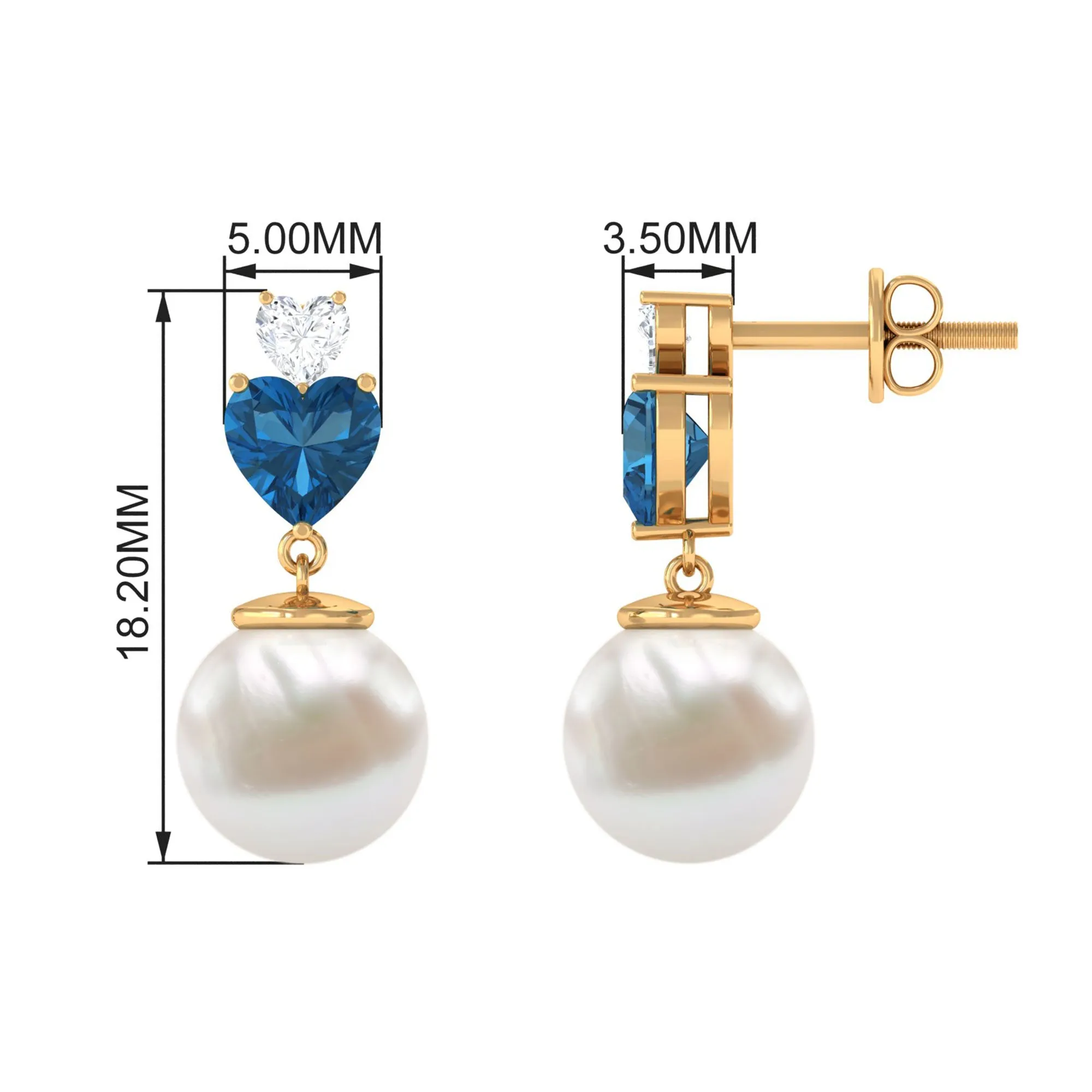 Freshwater Pearl Heart Stud Drop Earrings with London Blue Topaz and Moissanite