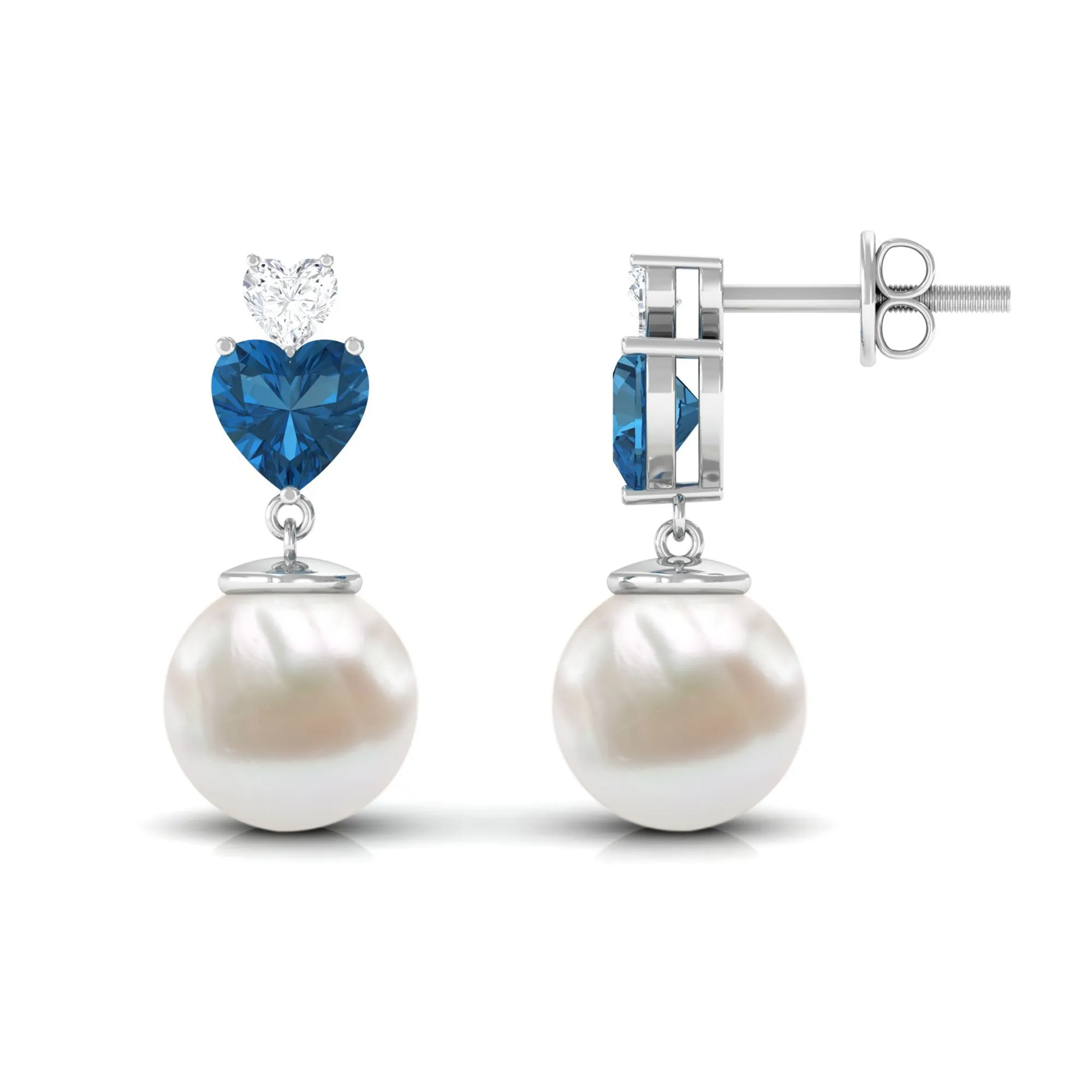 Freshwater Pearl Heart Stud Drop Earrings with London Blue Topaz and Moissanite