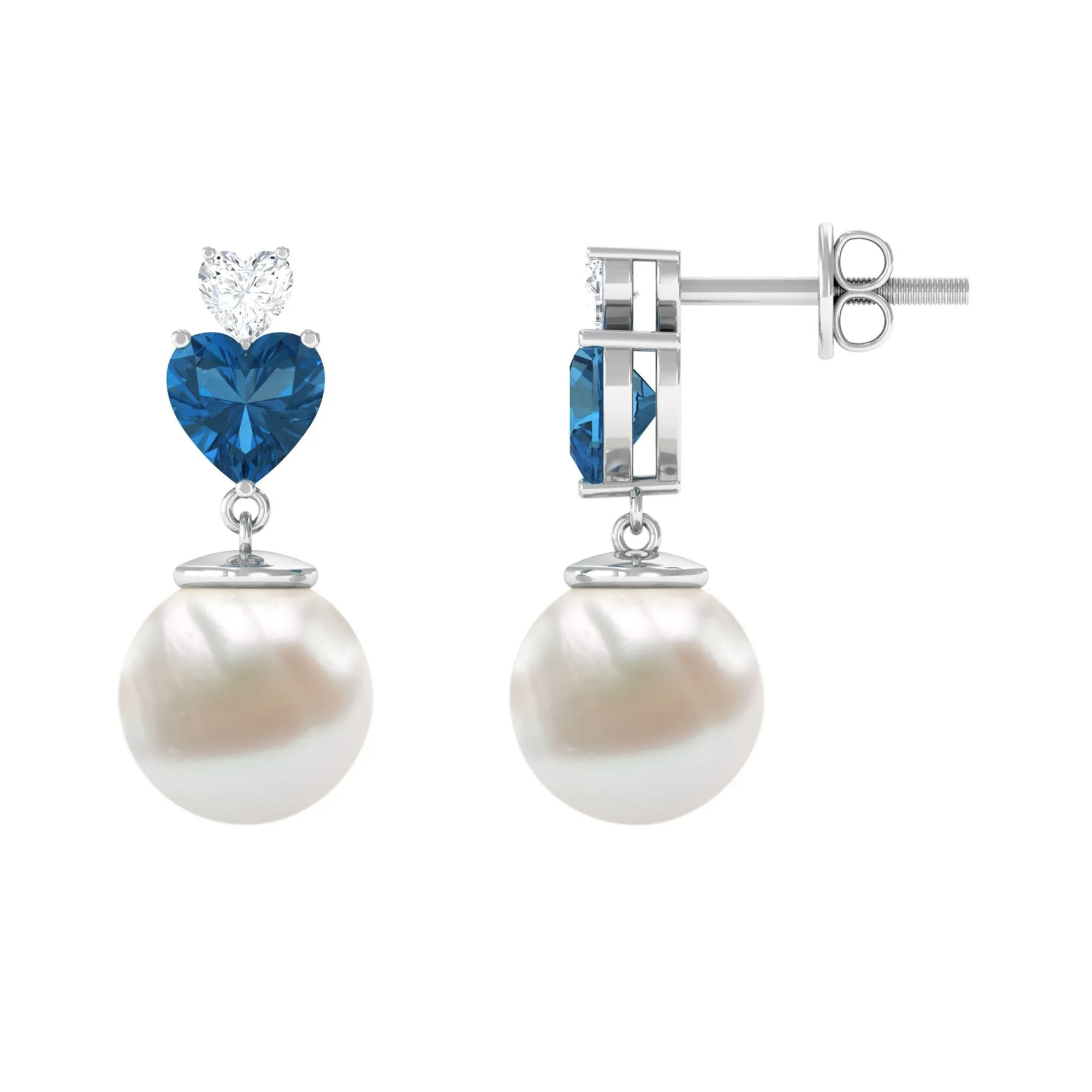 Freshwater Pearl Heart Stud Drop Earrings with London Blue Topaz and Moissanite