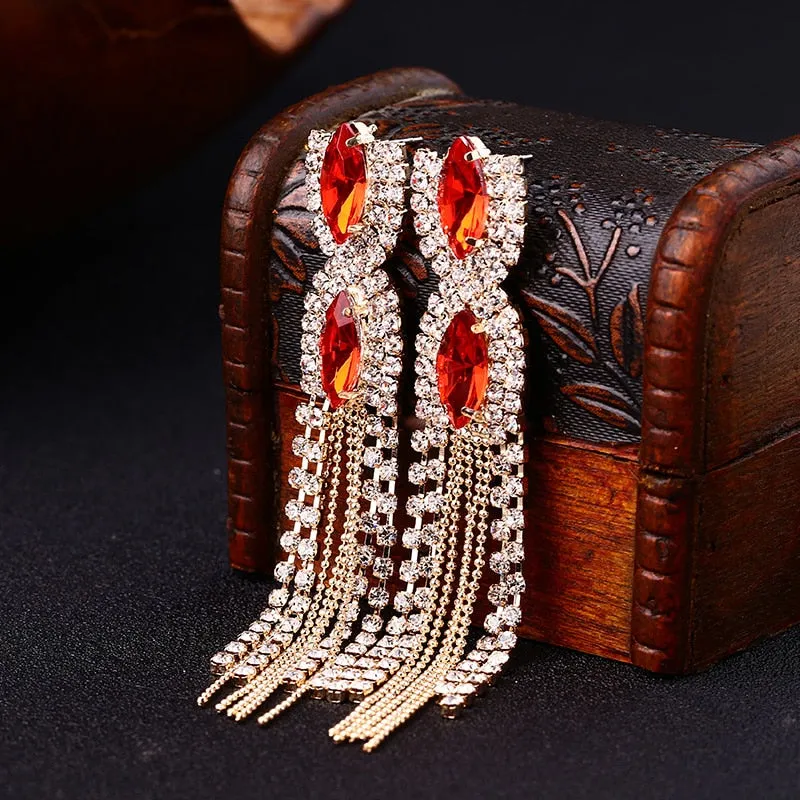 Gem Quality Austrian Tassel Design Long Formal Dress Ladies Evening Earrings