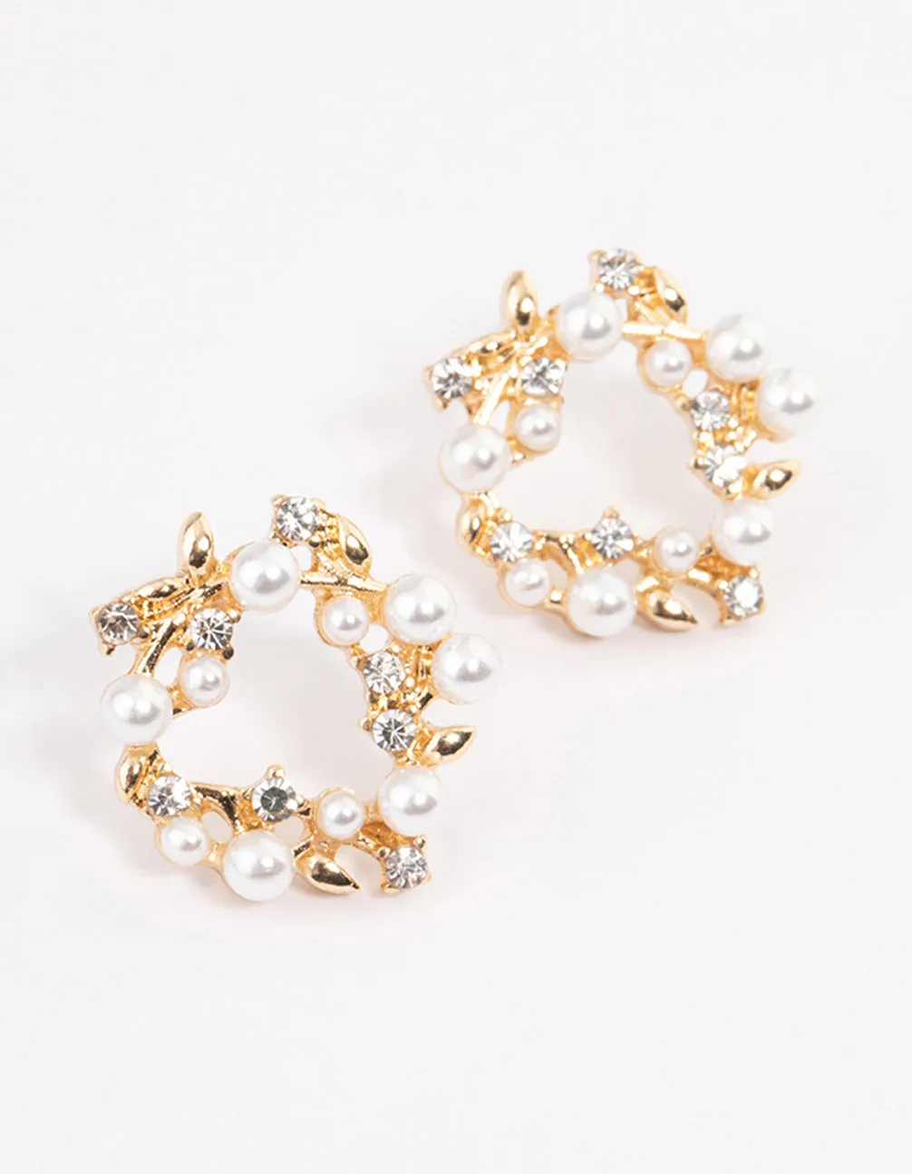 Gold Pearl & Diamante Wreath Stud Earrings