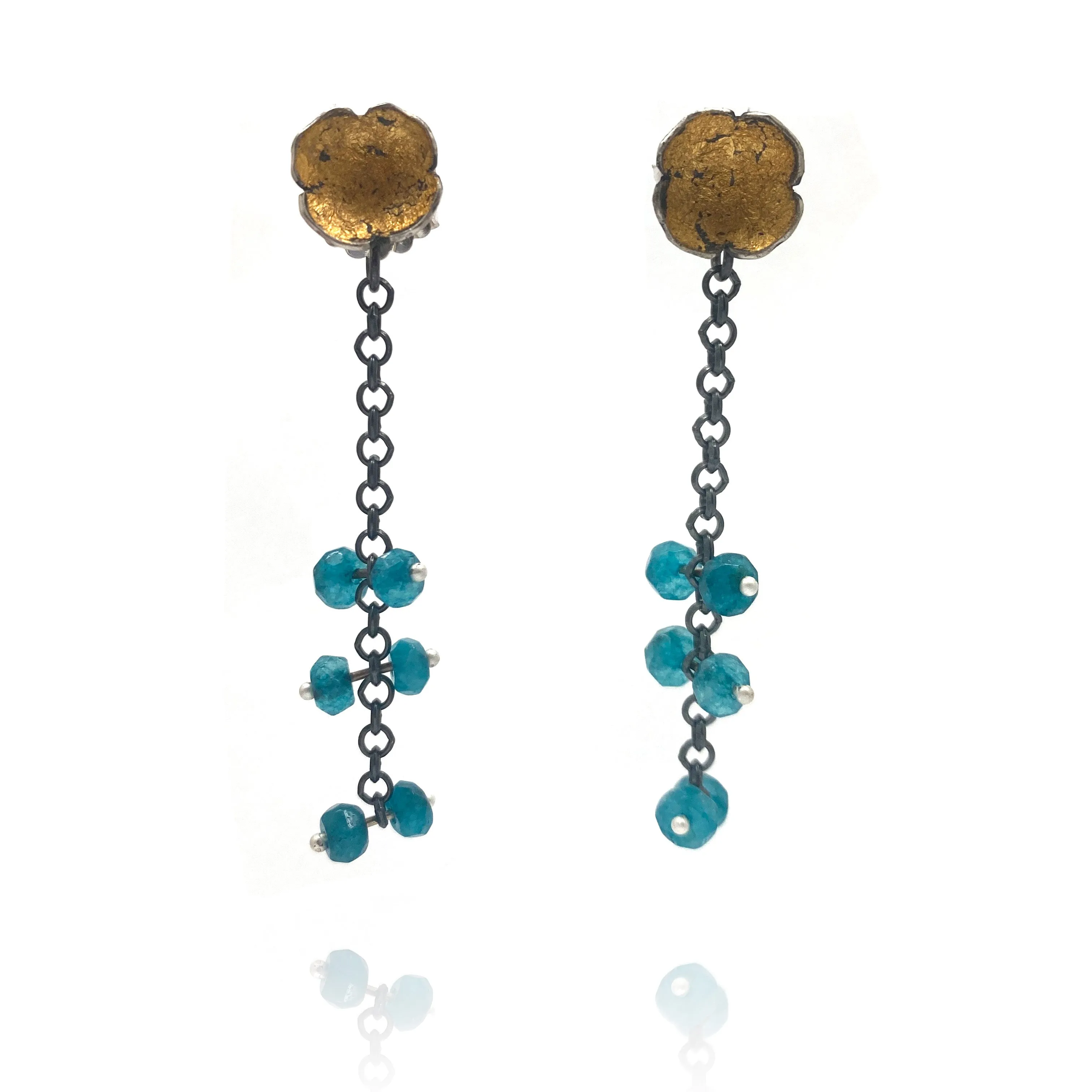 Golden Flower Studs with Blue Topaz Jackets