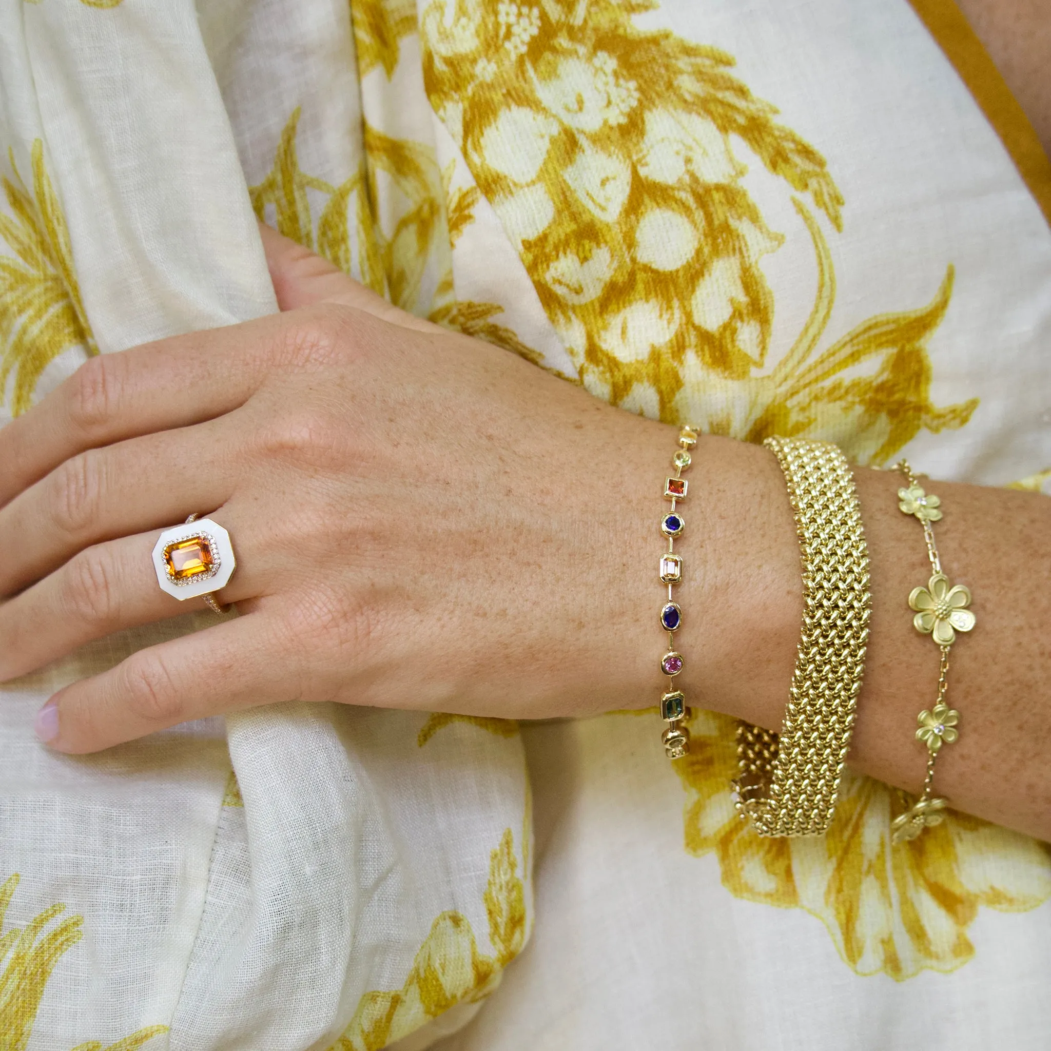 Goshwara Emerald-Cut Citrine & White Enamel 18K Gold Ring