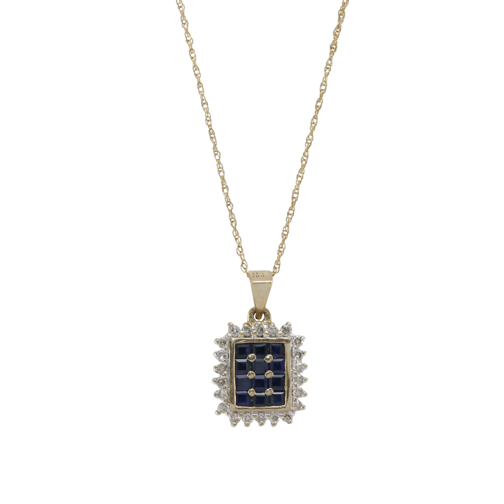 Halo Sapphire Diamond Necklace 14k Gold Prince Of Wales Chain Square Pendant