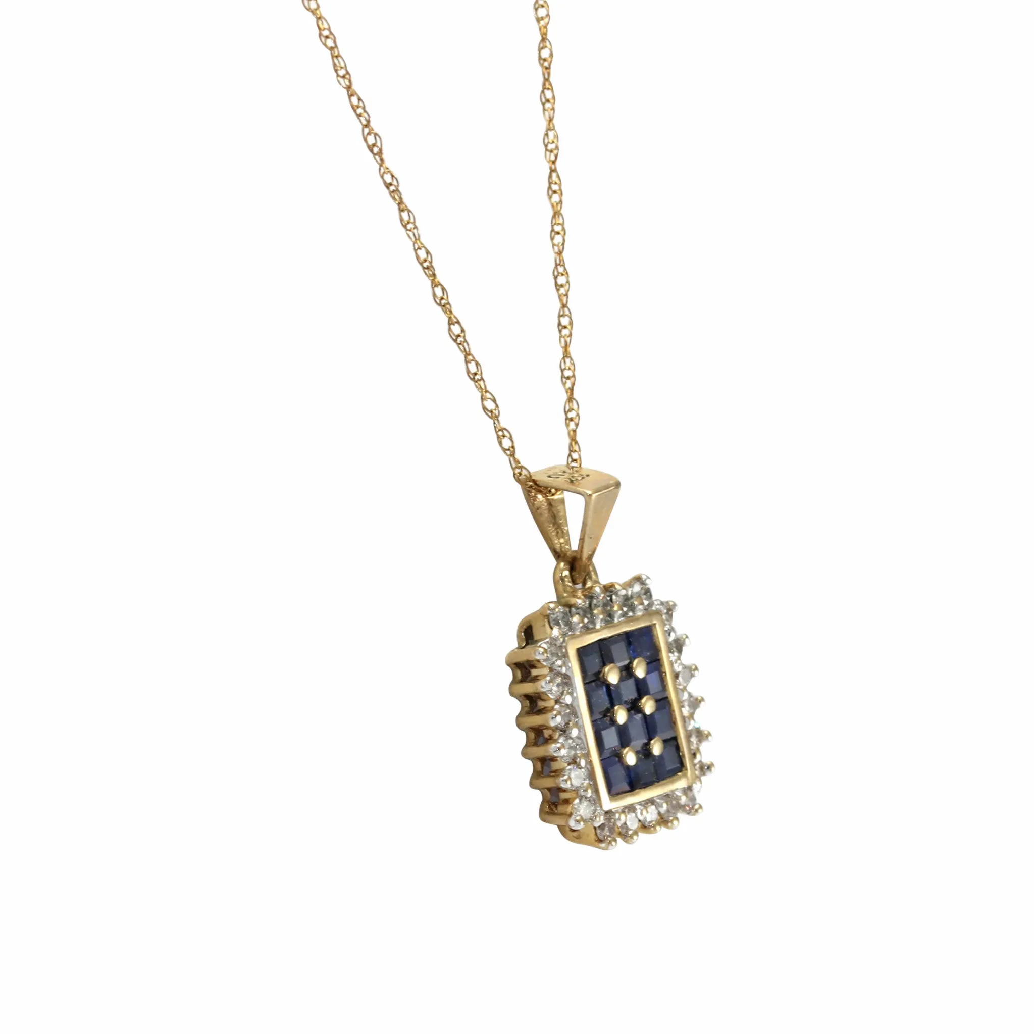 Halo Sapphire Diamond Necklace 14k Gold Prince Of Wales Chain Square Pendant