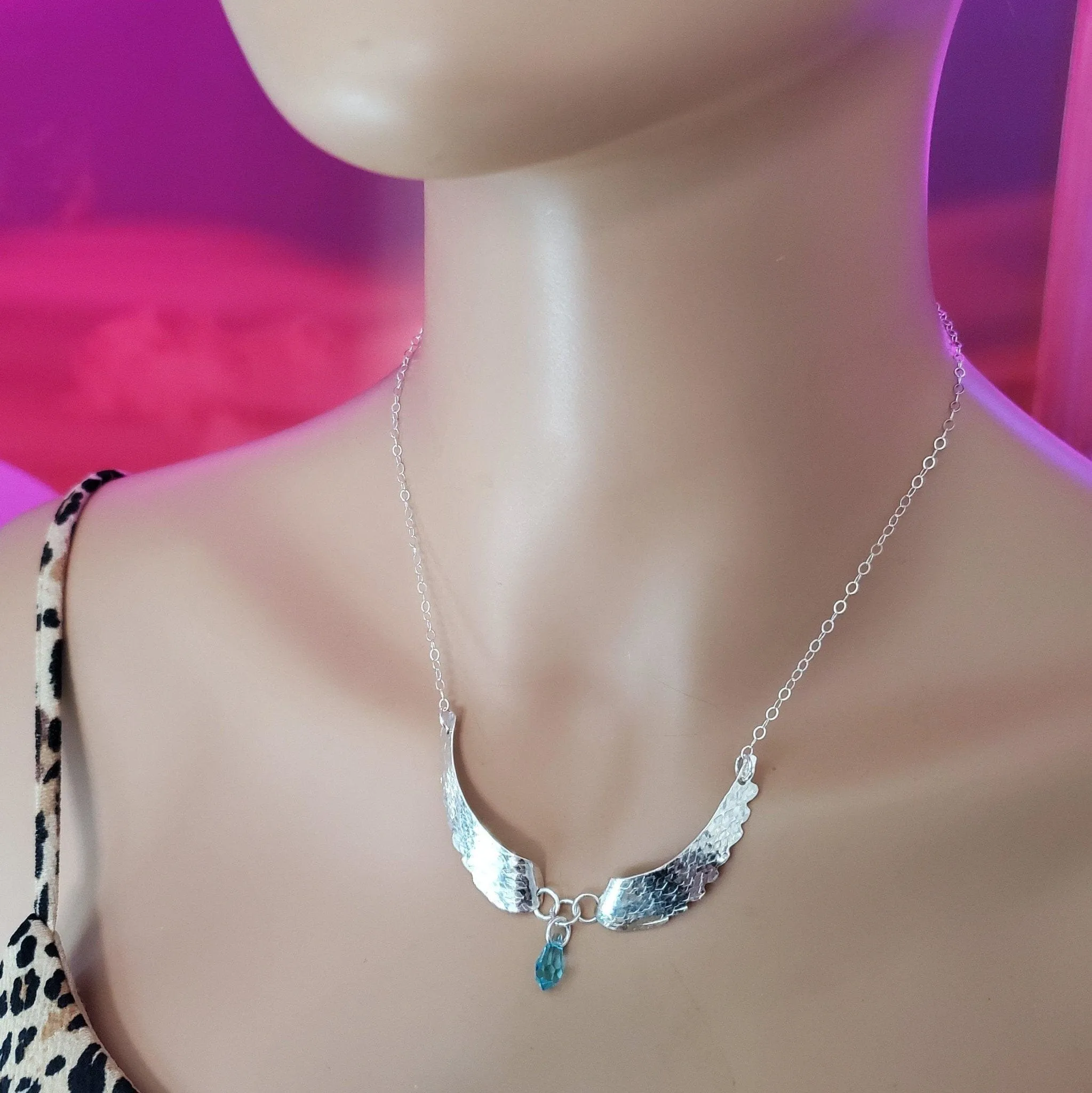 Handmade Silver Forged Sculpted Angel Wings Necklace