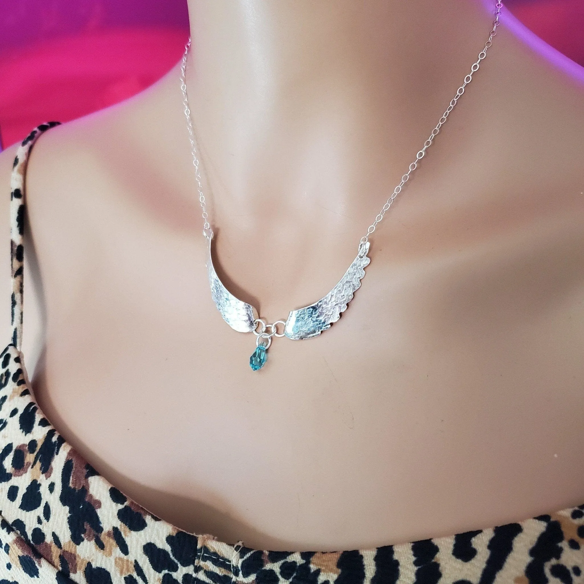 Handmade Silver Forged Sculpted Angel Wings Necklace