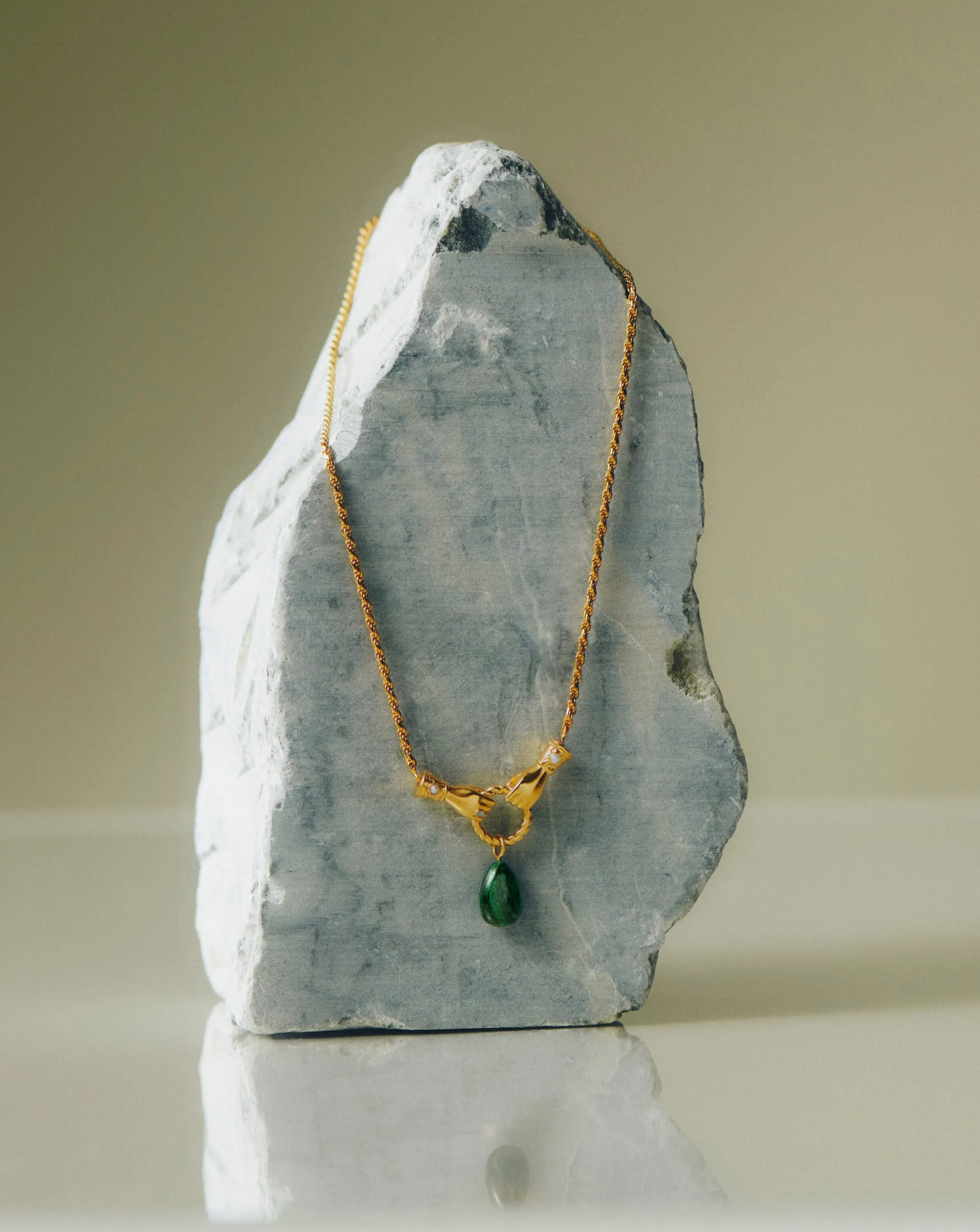 Harris Reed In Good Hands Drop Pendant Necklace | 18k Gold Plated/Malachite & Pearl