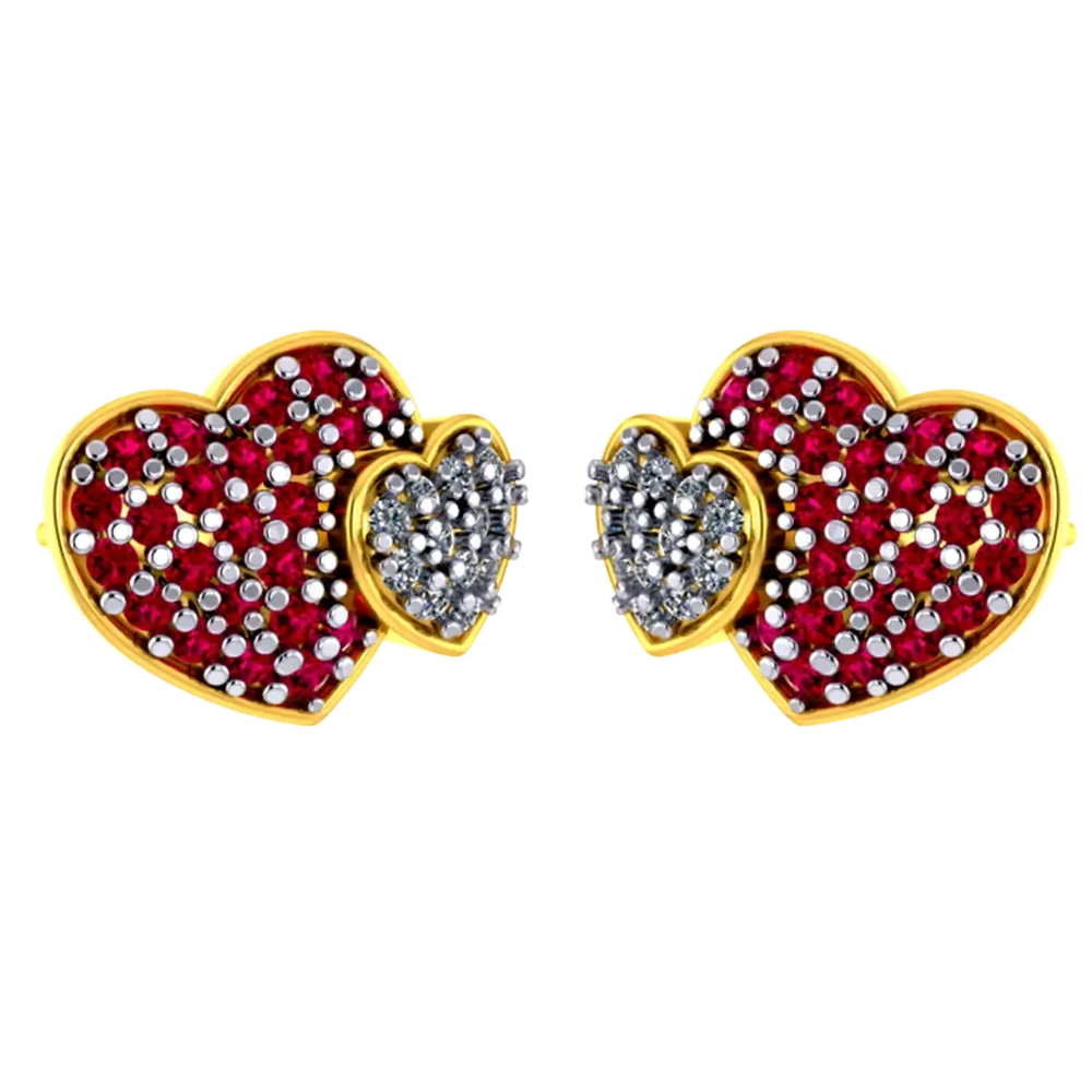 Heart-shaped 14k Gold Earrings With American Diamond And Ruby Detailing