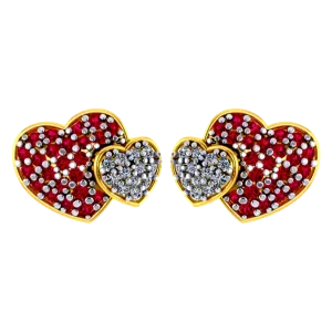 Heart-shaped 14k Gold Earrings With American Diamond And Ruby Detailing