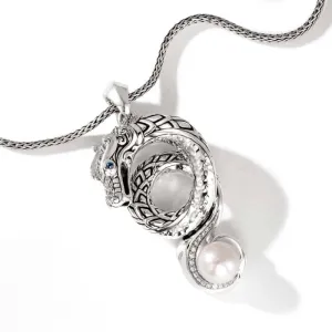 John Hardy Pave Legends Naga Pearl Pendant Necklace in Sterling Silver