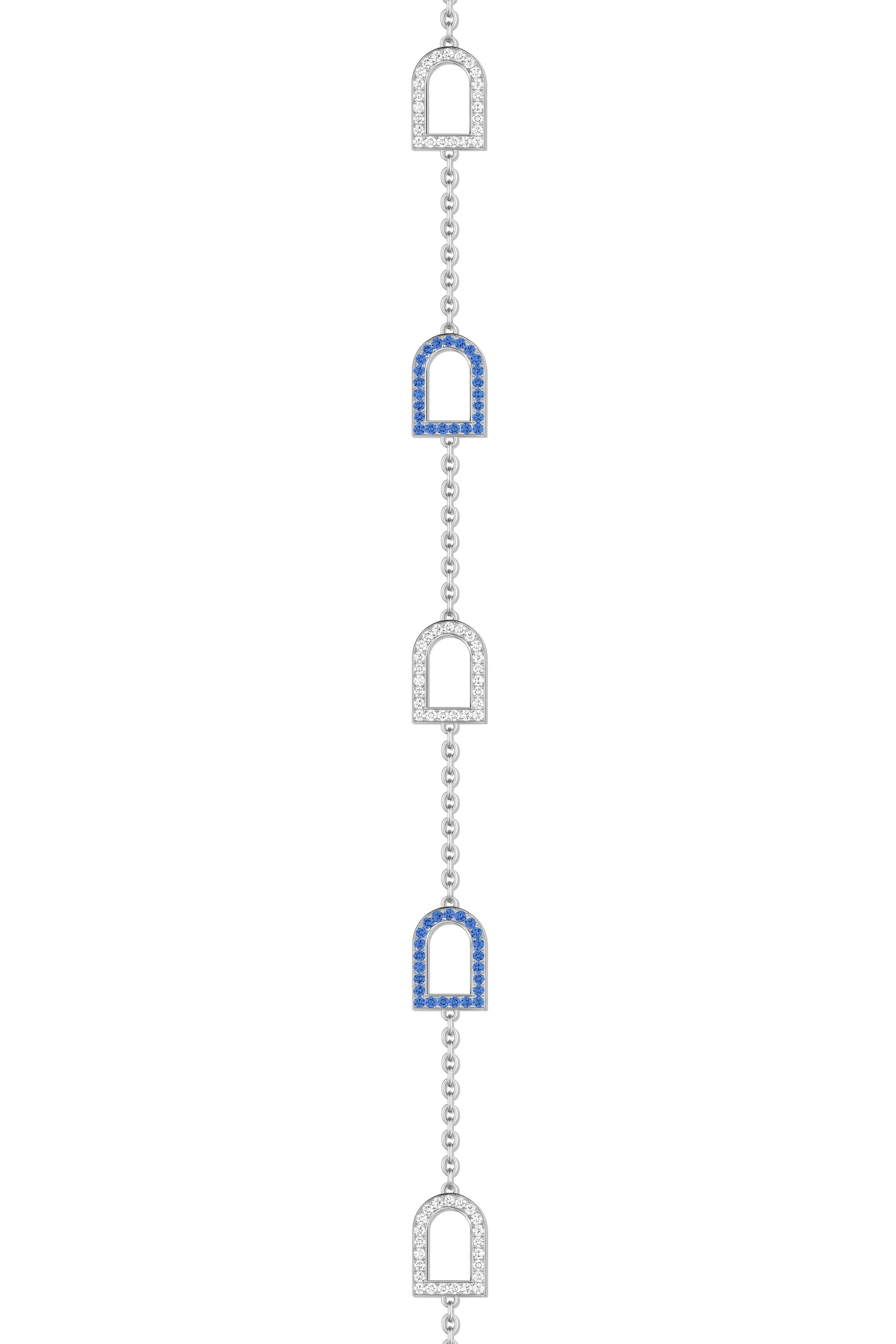 L'Arc Voyage Sautoir, 18k White Gold with 18 MM Arch Motifs Alternating Galerie Diamonds and Blue Sapphires