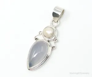 Large Designer Supreme Jewelers Blue Chalcedony Pearl Sterling Necklace Pendant