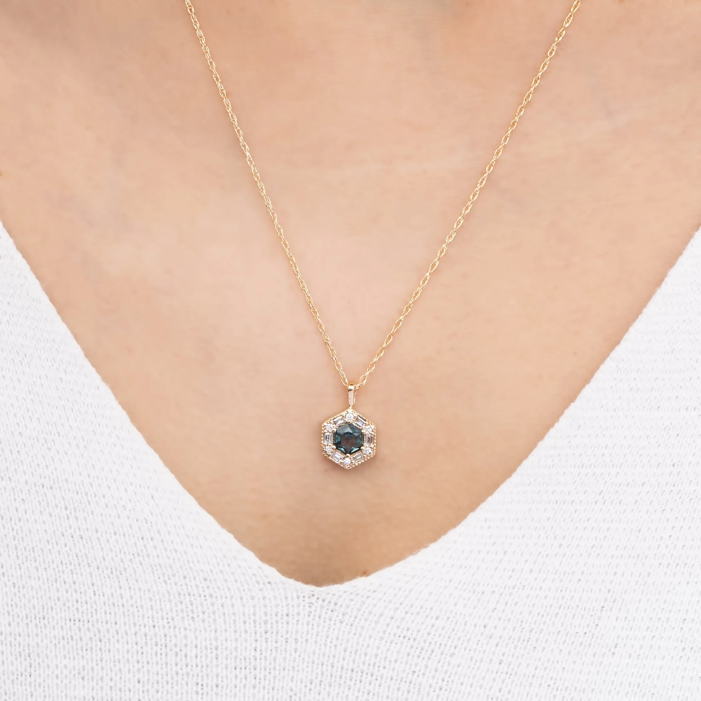 Lila Hexagon Necklace - 5mm Montana Sapphire Necklace, 14k yellow gold (One of a kind)