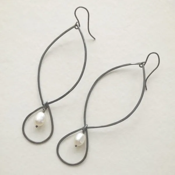 Marquise Drop Earrings Oxidized Sterling Silver and Freshwater Pearl